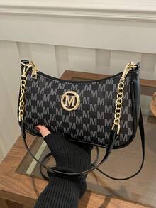 2026新款时尚经典PU防水M字母印花金属链条装饰单肩斜挎包。适合购物、作钱包使用，适合学生、年轻女性和职业女性。完美适用于办公室、大学、工作、商务、通勤、户外活动、旅行和野餐。 - 黑色 - 查看 7