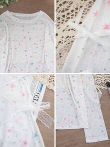 女士星形印花长袖T恤，宽松蝴蝶结设计，春夏返校季新款 - 白色 - 查看 10