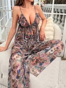 Women's Sexy Floral Print Pajama Set - Strapless V-Neck Top & Wide-Leg Pants With Smock Closure, Soft Lightweight Fabric, All-Season Comfort, Elegant Two-Piece Sleepwear For Women (Pink/Blue Floral On Beige) - Hand Washable Luxury Lounge Set - Lavender Pink Cherry Blossom - View 3