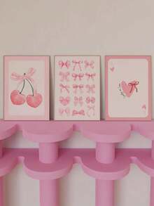 3件套粉色蝴蝶结墙饰奶油色装饰画帆布印刷品，北欧风格蝴蝶花卉艺术品，适合女孩卧室、公寓、客厅，生日礼物、毕业礼物，不含框 - 粉色 - 查看 12