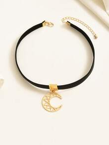 1件时尚独特简约别致百搭小众设计黑色镂空新月项链，适合女性日常佩戴 - 黑色 - 查看 2