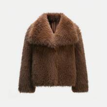 Seelio 秋冬新款加厚仿狐狸毛领仿皮草短外套，青春优雅中长款皮草大衣度假款 - 棕色的 - 查看 5