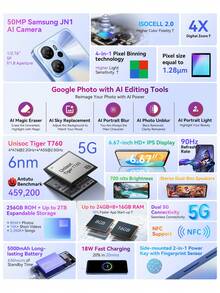 Blackview Oscal Tiger 13 5G NFC 智能手机，全球版，8GB+256GB，6.67 英寸高清+ IPS 显示屏，5000 万像素三星 JN1 AI 三摄，紫光展锐 Tiger T760 (6nm) 处理器，支持最高 2TB 扩展存储，内置 Google Photos AI 编辑工具 - 黑色 - 查看 2