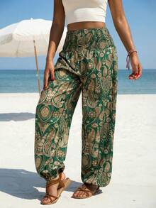 女士高腰休闲度假印花抽绳阔腿裤 (YY1182)，春夏款 - 綠色 - 查看 3
