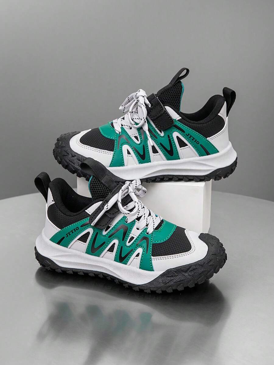 1 para butów dziecięcych, blokowe kolory, oddychające, wygodne, uniwersalne, lekkie buty sportowe na świeżym powietrzu, modne, codzienne trampki, unisex - Zielony - Zobacz 1