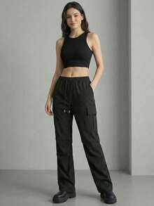 Women's Lightweight Cargo Pants, Parachute Pants, Elastic Waist Drawstring With Side Flap Pockets For Casual Streetwear, Long Sports Pants Black Spring - Black - View 3