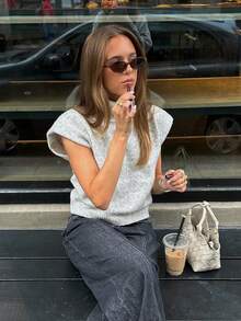 Senya 2026 女士新款休闲优雅短袖针织上衣，柔软针织面料，宽松版型，适合春夏穿着，纯色高领，适合日常通勤、办公室穿着和机场穿着。 - 灰色 - 查看 2