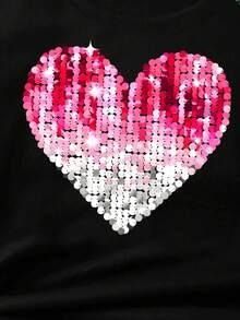 少女爱心印花圆领休闲日常短袖T恤 - 黑色 - 查看 3