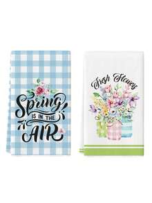 2Pcs Blue White Dish Towels Gingham Spring Bouquet Script Print Tea Towels Farmhouse Easter Breakfast Decor Kitchen Towels - Blue - View 8