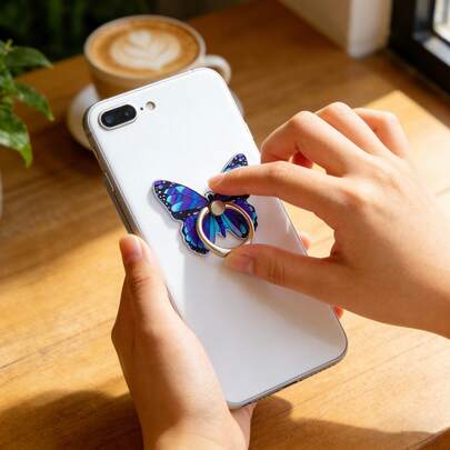 1 Stück Metall Schmetterling Handyhalterung, 3D Haltering mit 360° Drehung, rückstandsfreier Klebstoff für freihändiges Betrachten, bunter nicht verblassender Handyständer