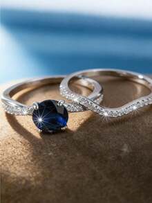 2件套奢华时尚蓝色合成锆石戒指套装，适合送礼，宴会/派对装饰首饰（无包装盒） - 藍色 - 查看 5