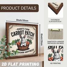 2D Flat 1pc, Rabbits Farm Carrot Patch Open Daily Homegrown Happiness Wooden Framed Sign Farmhouse Theme Wall Hanging Vintage Bedroom, Kitchen, Living Room, Decorative Signs & Plaques 8x8 Inch - Multicolor - View 3
