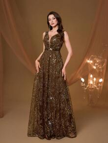 Mgiacy, Nuevo Lanzamiento, Tejido Marrón, Liso, con Lentejuelas, Vestido de Noche, PARA Fiesta de Graduación, Salón de Baile, Atuendos de Verano para Mujeres, Festival, Boda Floral - Marrón - Ver 5