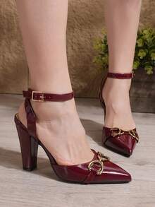 New Stylish Chunky Heel Pointed Toe Backless Sandals For Women With Buckle And Rhinestone Decor, Spring/Summer - Burgundy - View 7