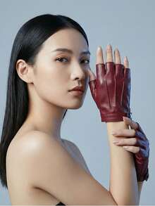 1 双女士时尚紫红色半指 PU 皮手套，适合朋克、夜总会、嘻哈表演、摄影、舞蹈、摩托车骑行、派对、钢管舞、婚礼、万圣节、圣诞节 - 玫紅色 - 查看 17