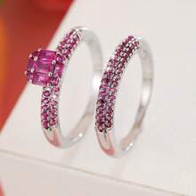 2 Pieces Copper Ring Set For Women, Elegant Retro Bridal Layering Ring With Sparkling Zirconia, Daily/Wedding Jewelry, Valentine's Day Gift - Wedding Rings 6 - View 4