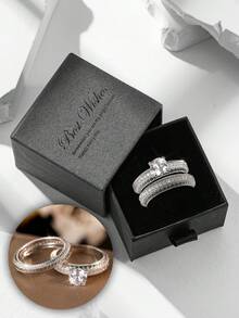 两件套优雅立方氧化锆戒指套装，女士奢华珠宝，适合婚礼、派对、宴会等场合，铜质材料，不褪色且低致敏性，是理想的礼物之选。 - 銀色 - 查看 9