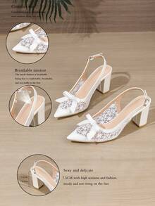 女士白色尖头粗跟工作鞋，后系带露跟鞋，低鞋面春秋季鞋，露跟蝴蝶结网纱装饰，时尚性感百搭纯色约会高跟鞋 - 白色 - 查看 7