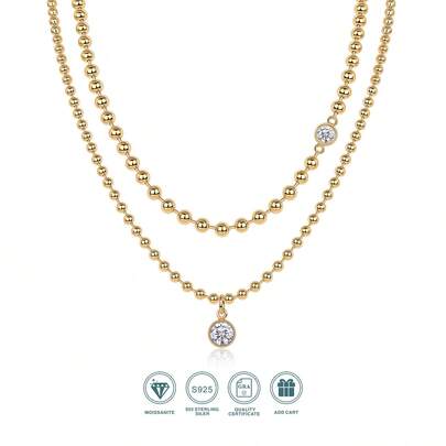 1件1克拉圆形莫桑石吊坠项链，18K镀金925纯银，多层设计，优雅百搭，适合日常佩戴或婚礼、派对等特殊场合，低过敏性且不含镍，附带GRA证书