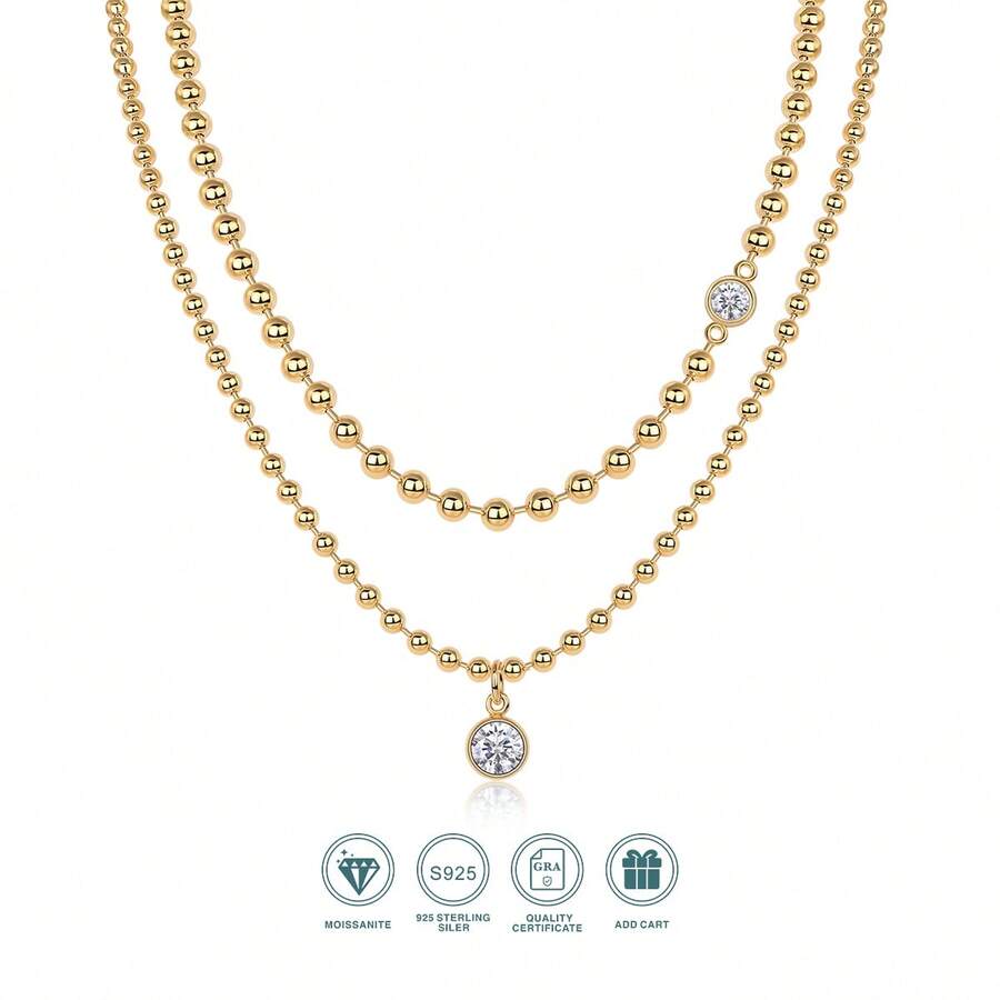 1件1克拉圆形莫桑石吊坠项链，18K镀金925纯银，多层设计，优雅百搭，适合日常佩戴或婚礼、派对等特殊场合，低过敏性且不含镍，附带GRA证书 - 金色 - 查看 1