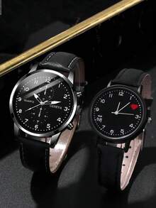 4pcs Set Fashion Versatile Casual Round Belt, Unisex Couple Quartz Watch + Heart Pendant Necklace Combo Set - Black - View 4