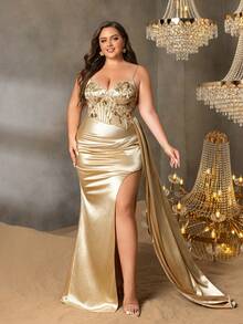 大码撞色亮片吊带长款派对礼服，适合女性 | 腰部有塑形设计，适合新年、情人节、正式派对、盛大晚宴、婚礼和优雅庆典等场合 - 黃色 - 查看 7