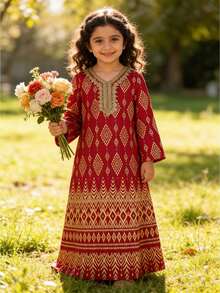 Young Girl' Fashionable Casual Cute Foil + Golden Trim Hem Dress - Red - View 1