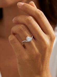 1pc S925 Sterling Silver Cubic Zirconia V-Shaped Semi-Circle Heart Ring, Exquisite & Unique, Jewelry Gift For Ladies To Attend Balls, Gatherings And Parties - V-shaped Micro-inlay Semi-circle - View 5