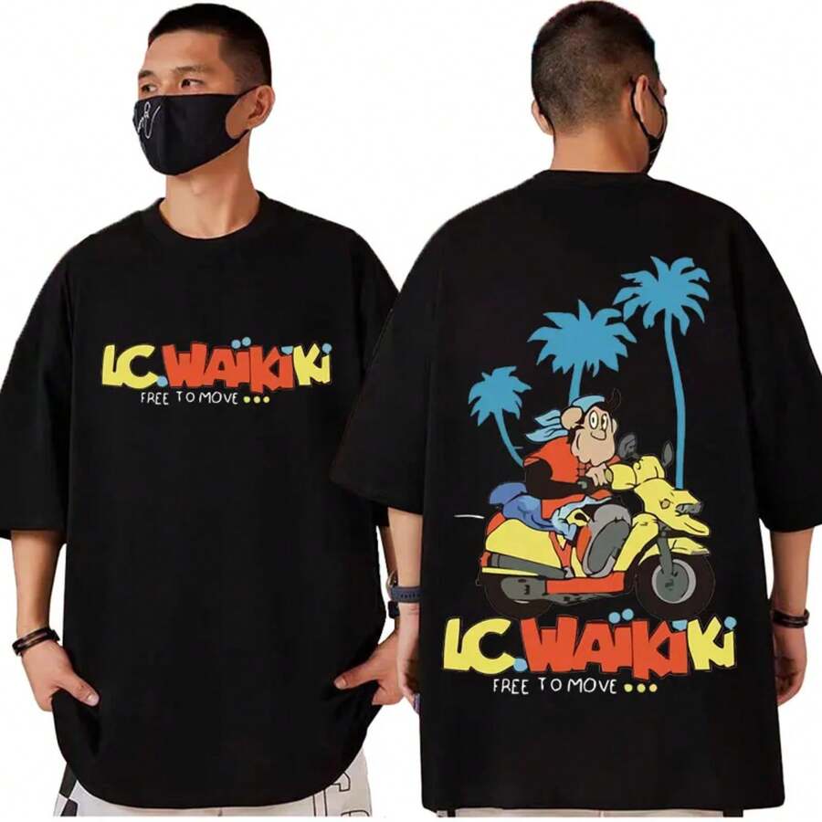 Camisetas gráficas divertidas de mono Lc Waikiki, camisetas de moda de dibujos animados de manga corta para hombres y mujeres, camiseta casual suelta de algodón, ropa de calle - Negro - Ver 1
