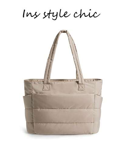 Nuevo bolso de mano de mujer de gran capacidad con diseño acolchado de color caqui sólido, con dos portavasos laterales, cierre con cremallera, asas dobles superiores adecuadas para el hombro o la mano. Adecuado para ir al trabajo, salir, ir de compras, viajes de negocios y otras ocasiones diarias.