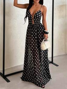 一件波点优雅性感露背系带针织休闲连衣裙，适合派对、约会之夜、生日、返校节、单身派对、夏季黑色 - 黑色 - 查看 4