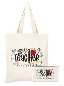 1件/2件/4件套，大容量教师主题帆布手提袋和便携式拉链铅笔盒收纳袋套装，附赠感谢卡和苹果钥匙扣帆布组合套装，返校季、毕业季、教师节必备礼物，多功能购物袋、书包、文具袋套装 - 米色 - 查看 63