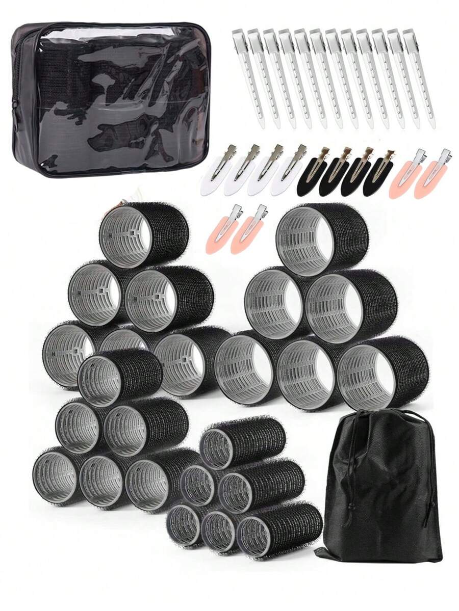 50pcs Self-Adhesive Hair Curling Roller & Clip Set With 24 Hair Curlers Self Grip Holding Rollers And 24Duckbill Clips Hair Rollers With Hair Roller Clips And 1pc Makeup Bag,Salon Hairdressing Curlers,DIY Hair Styles, - Multicolor - View 1