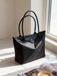 1个简约百搭休闲纯色大容量拉链单肩手提包，适合购物、度假、工作、通勤。女士时尚单肩手提包，顶部提手和拉链封口，防水单肩包，可作饺子包、腋下包、尼龙包、可折叠学生包，适合旅行、上学和办公。 - 黑色 - 查看 5