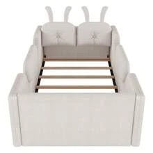 Twin Size Upholstered Kids Bed Frame With Cute Rabbit Headboard, Floor Kids Bed With Removable Rails For Toddler, Boys & Girls - trắng - Xem 9
