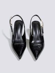 Women's Black Chunky Heel Fashion High Heels, Open Toe High Heel Pumps, Party High Heels, Wedding Shoes, Mary Jane Shoes, Formal Dress Shoes, High Heel Sandals, Backless Slip-On Pointed Toe High Heels - Black - View 2