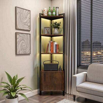 Garselay Estante Esquinero con Puertas y Luz LED, Librero de 5 Niveles con Estantes, Organizador de Estantes de 1.6m de Alto, Ideal para Esquinero para Sala, Dormitorio, Oficina y Cocina - Marrón