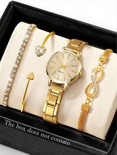 4pcs/Set Women's Rose Gold Stainless Steel Watch Band, Fashion Casual Classic Arabic Numeral Dial Quartz Watch With Diamond Heart-Shaped Bracelet Jewelry Set, Suitable For Daily Wear, Decoration, Gift For Friends Or Holidays