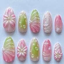 Handmade Wear Nail Piece 3D Epoxy Nail Piece Pink Green Gradual Change Flower Pearl Wear Fake Nails - Z117 - Hộp [Gel dạng gel + Con lăn] - Xem 5