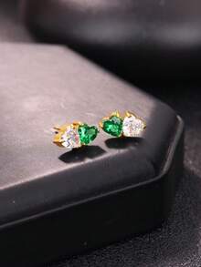 Custom Two Heart Zirconia Stud Earrings For Women Personalized Month Birthstone Stainless Steel Earrings Female Minimalist Customized Jewelry Daily Wear Valentine's Day Gifts - Multicolor - View 5