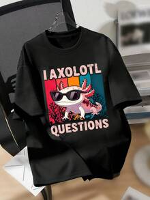 青少年男童卡通墨西哥钝口螈印花圆领T恤，春夏休闲柔软上衣 - 黑色 - 查看 1