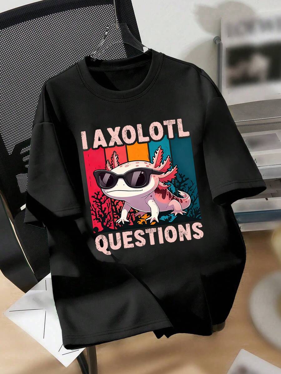 青少年男童卡通墨西哥钝口螈印花圆领T恤，春夏休闲柔软上衣 - 黑色 - 查看 1