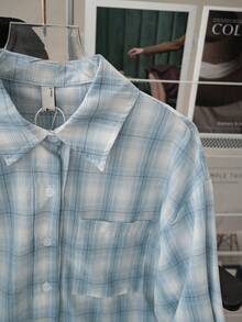 女士休闲/工作可爱格子印花轻薄长袖衬衫，春夏款 - 藍色 - 查看 9