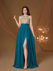 Mgiacy New Arrival Round Neck Halter Fancy Evening Gown Dress Sequin Ruched High Slit Chiffon Long Dress - Green - View 5