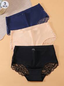 3pcs/Set Celana Dalam Wanita Seksi Warna Polos dengan Hiasan Renda dan Bahan Sutra Warna Es - MultiWarna - View 2