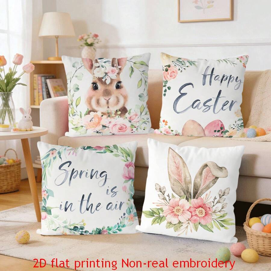 4 أغطية وسادة زخرفية لعيد الفصح، طباعة مائية لأرنب ونبات، مربعة من البوليستر طباعة أحادية الجانب، ديكور منزلي لعيد الفصح، إغلاق بسوستة بدون إدراج وسادة، مناسبة للأريكة والغرفة المعيشية والمزرعة والنوم والديكور الخارجي. - متعدد الألوان - مشاهدة 1