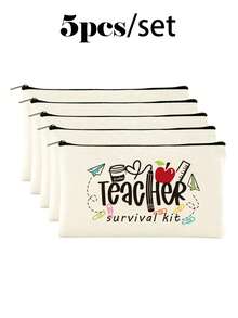 10/5/4/2pcs/1pc/Set Teacher Themed Canvas Tote Bag, Shopping Bag, Zipper Pouch, Appreciation Card, Apple Keychain Canvas Gift Set, Suitable For Back To School, Graduation, Teacher's Day, Multi-Purpose Shopping Bag, Book Bag, Stationery Pouch Set, Portable For SPA, Party, Gym, Travel, Cosmetic Organizer - Beige - View 61