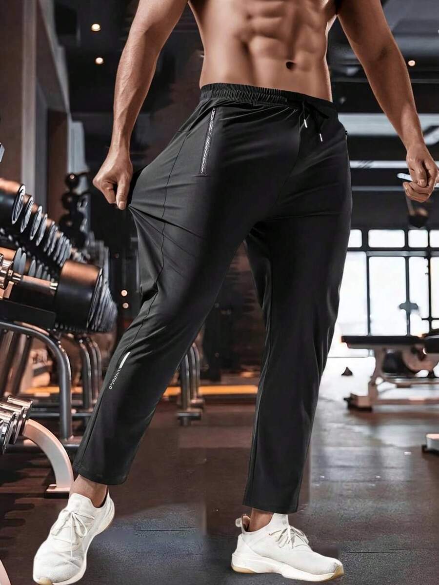 Men's Black Quick-Dry Casual Sports Pants, Drawstring Waist, Side Zipper Pockets, Adjustable Drawstring Waistband, Versatile For Daily Fitness & Casual Wear - Black - View 1