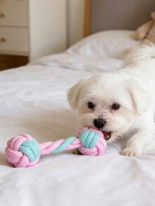 2pcs/Set Pink & Green Dog Braided Rope Ball Toys, Handmade Colorful Woven Rope Toys, Double Loop Tug Of War Toys For Small/Medium Dogs, Chew Toys For Dental Care - Multicolor - View 4