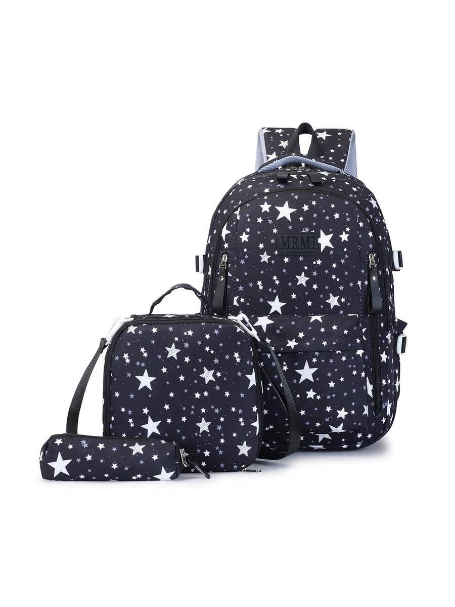 Women's Half-Shell Gauze Backpack Kit, Lightweight And High-Value, Simple, For Campus, Large Capacity, School Backpack, With Thermal Lunchbox. - Black - View 1